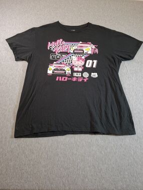 Hello Kitty Women Size XL  Black Tee with Pink Racing Graphic